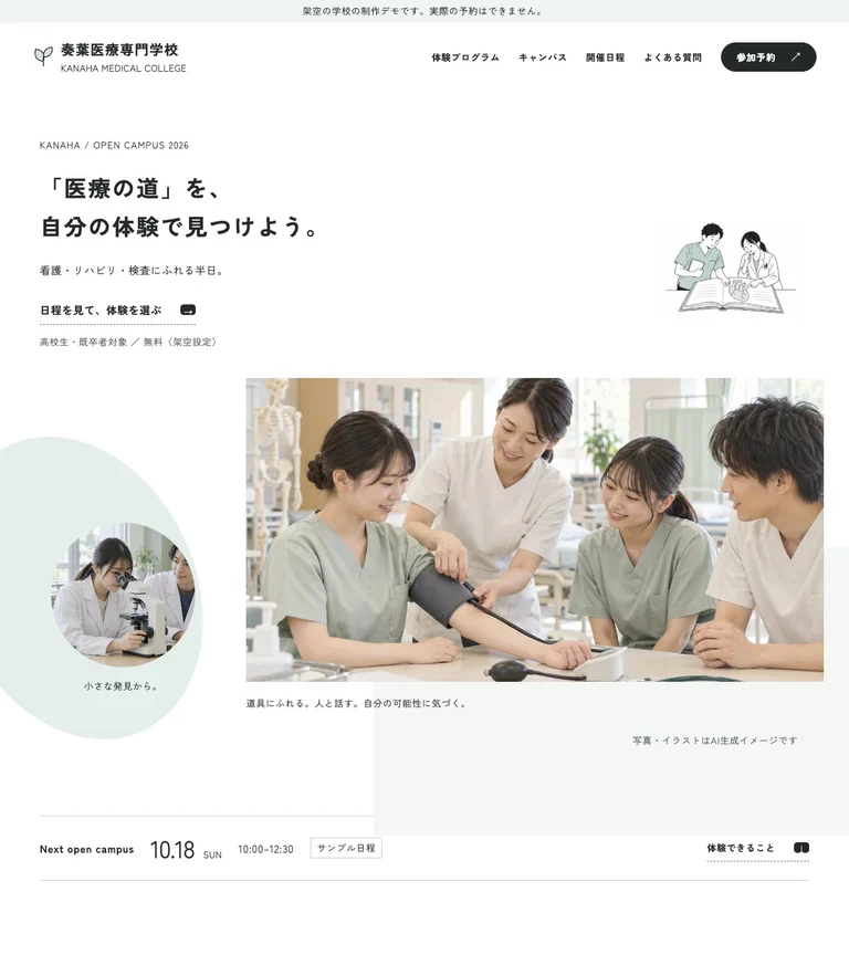奏葉医療専門学校のトップページ。白と淡い緑、学びの写真で、医療を身近に。