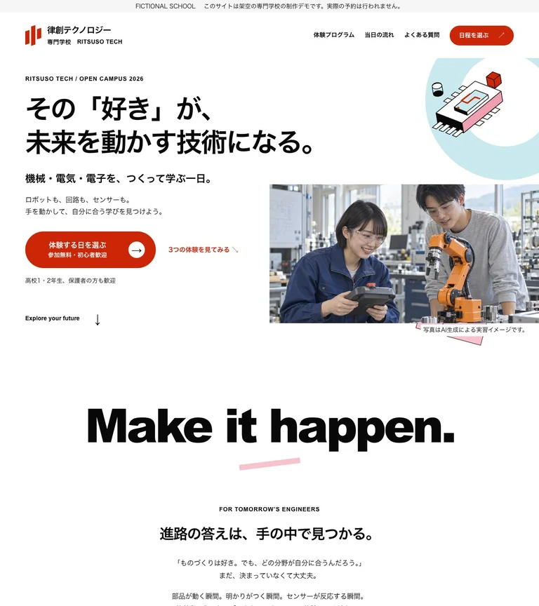 律創テクノロジー専門学校のトップページ。白黒と赤、技術の図解で、好奇心を動かす。