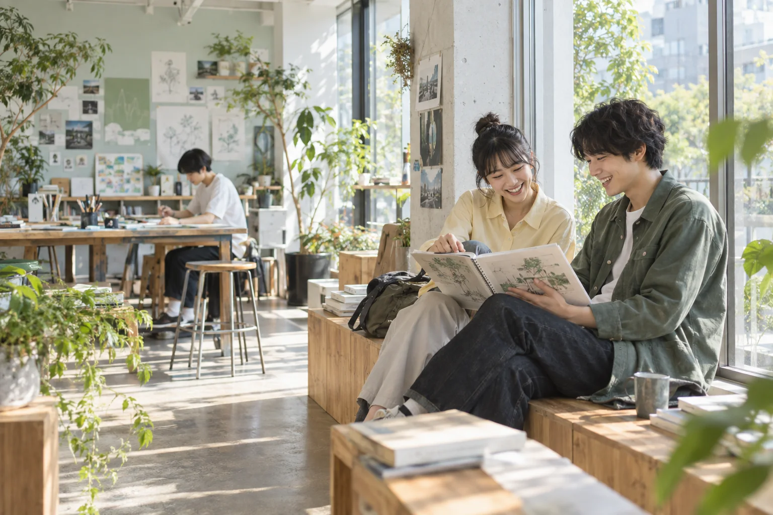 スケッチブックを囲んで会話する学生たちのイメージ