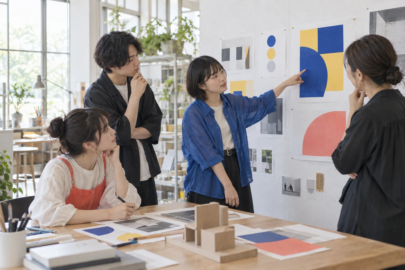 掲示した作品を囲んで意見を交換するイメージ