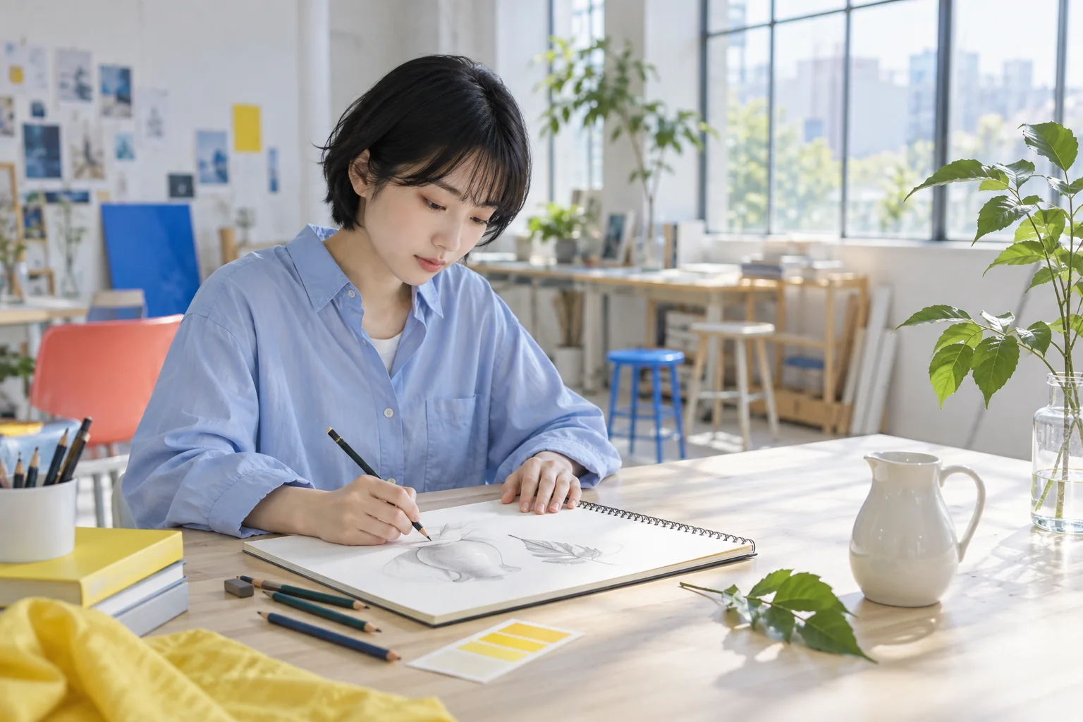 器と葉を観察しながらスケッチする学生のイメージ