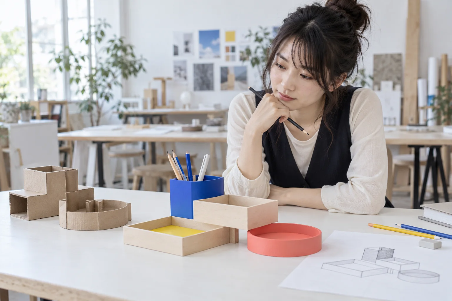 木と色のパーツで試作した生活道具のイメージ