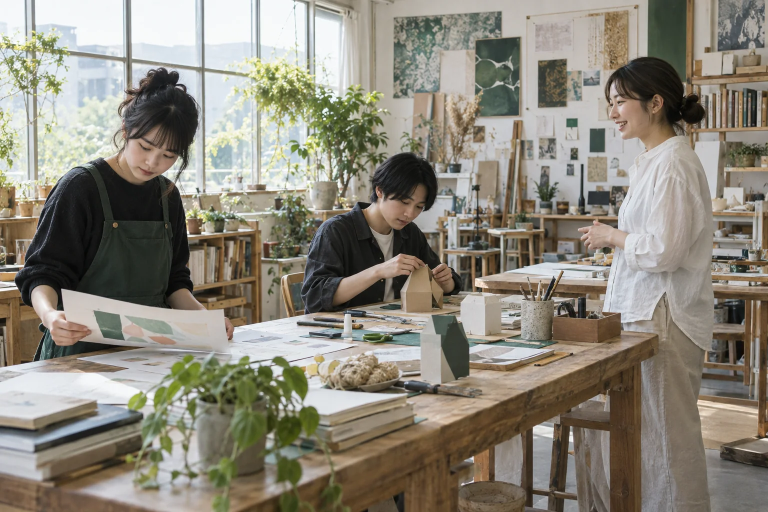 明るいアトリエで紙や模型を使った制作に取り組む学生たちのイメージ