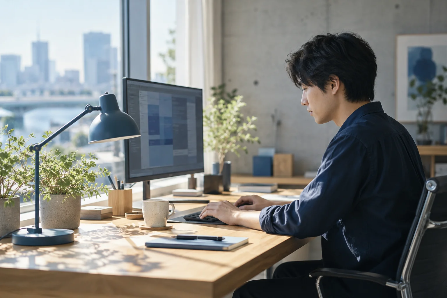 窓辺のデスクで集中して開発するメンバーのイメージ