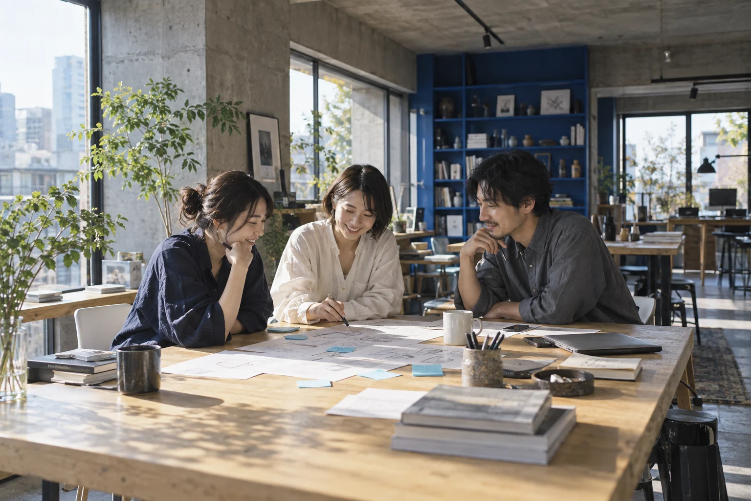 テーブルを囲んでスケッチを見ながら話し合うメンバーのイメージ