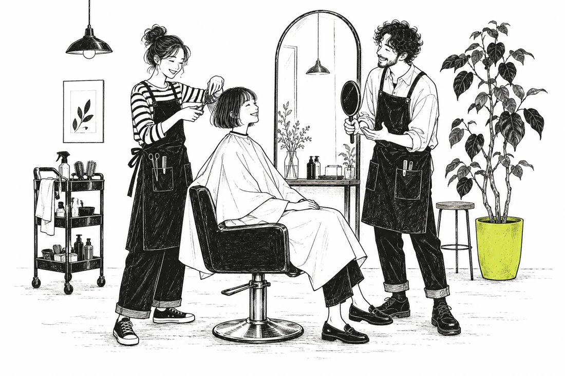 美容師とお客さまが笑顔で過ごす、チョキノワのサロン風景のイラスト