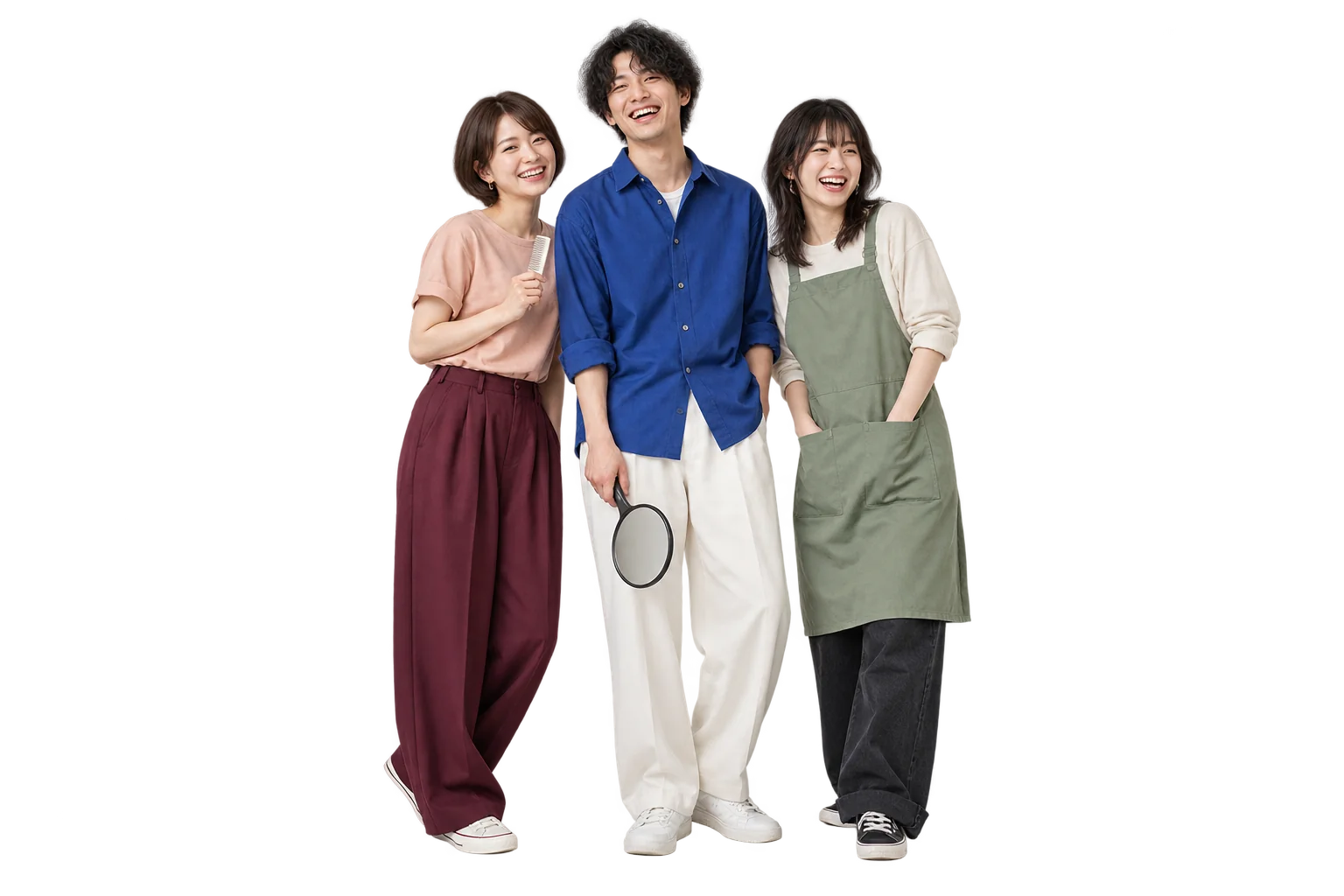 カジュアルな服装で笑い合う3人の美容師の生成イメージ