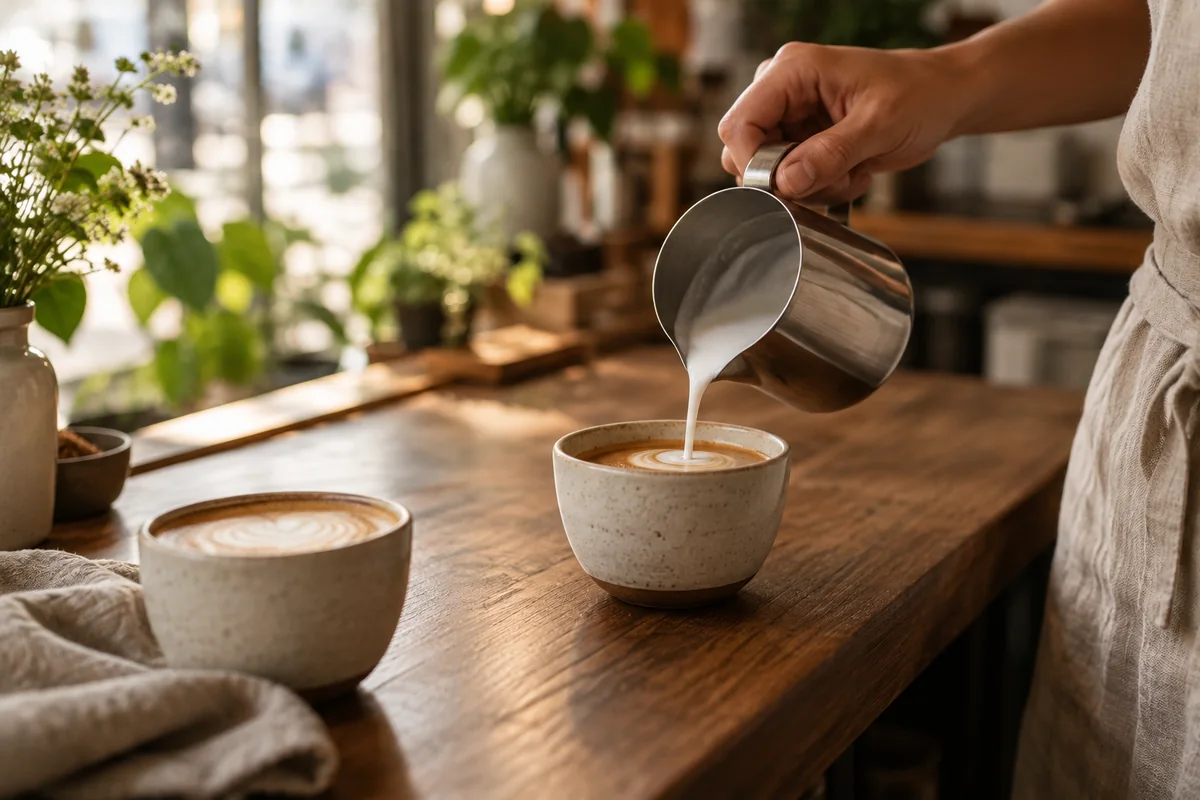 コーヒーを注ぐ写真を使った、架空の投稿デザイン。