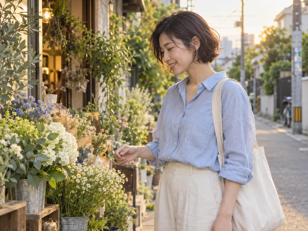 仕事帰りに花を選ぶ時間のイメージ