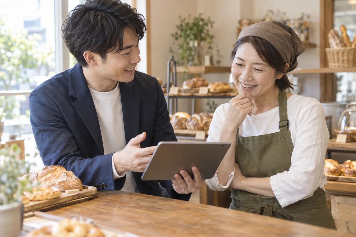 店主に日々の仕事を聞き、必要な機能を一緒に考える場面のイメージ