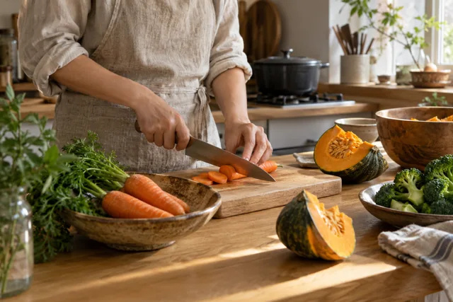 明るい台所で野菜を下ごしらえする様子