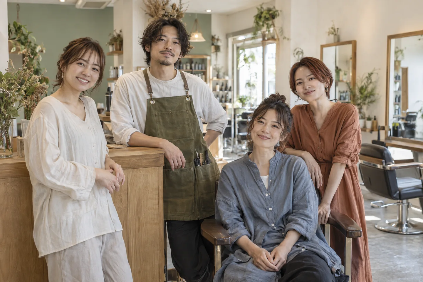 明るいサロンで穏やかに並ぶ4人の仲間のイメージ