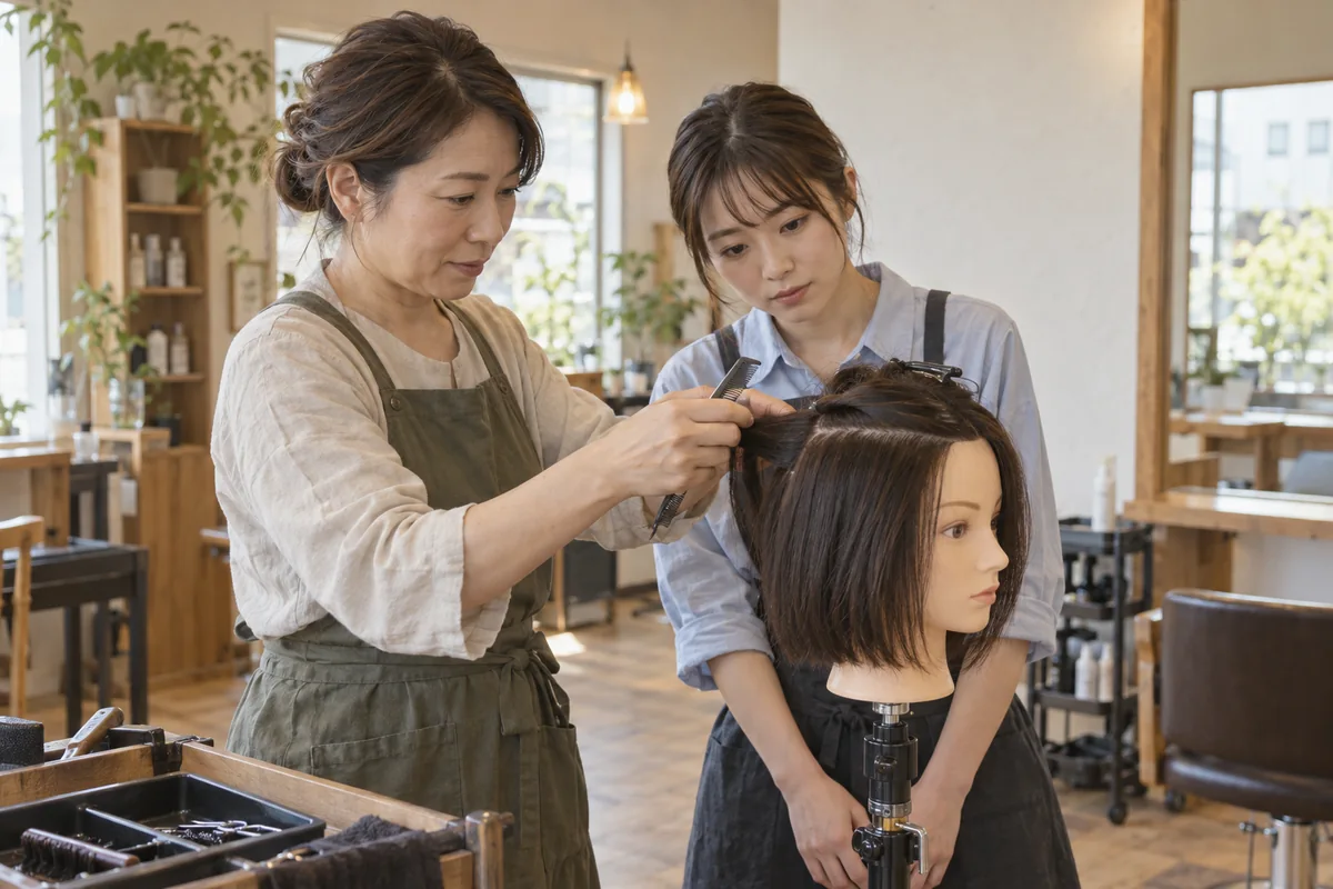 先輩と一緒にウィッグの髪を分ける練習をするアシスタントのイメージ