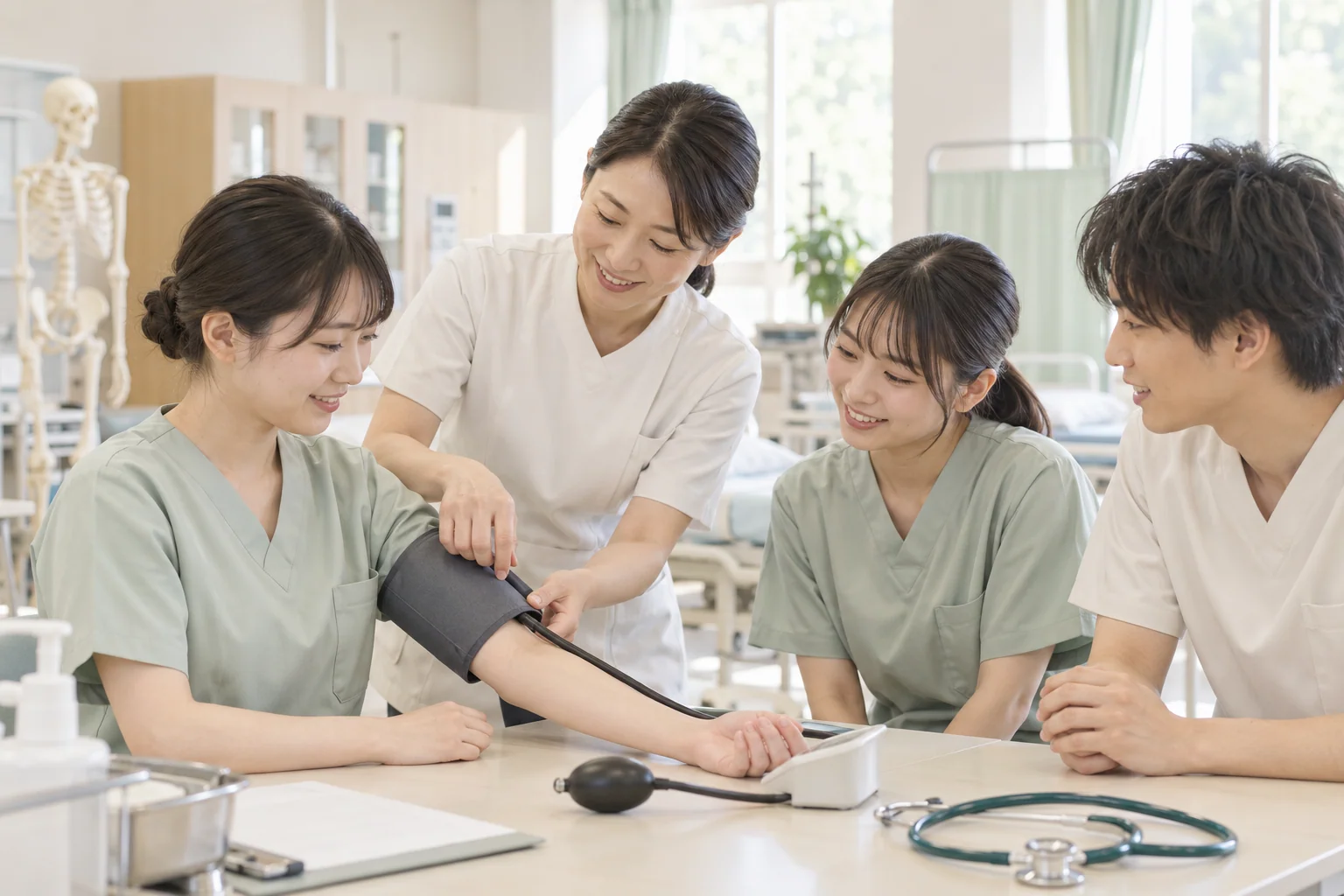 教員と一緒に血圧計に触れ、医療の仕事を体験する学生たちのイメージ