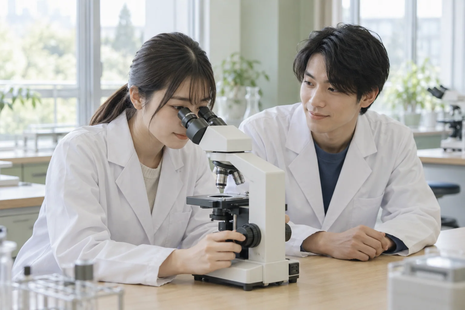 顕微鏡の世界をのぞく学生のイメージ