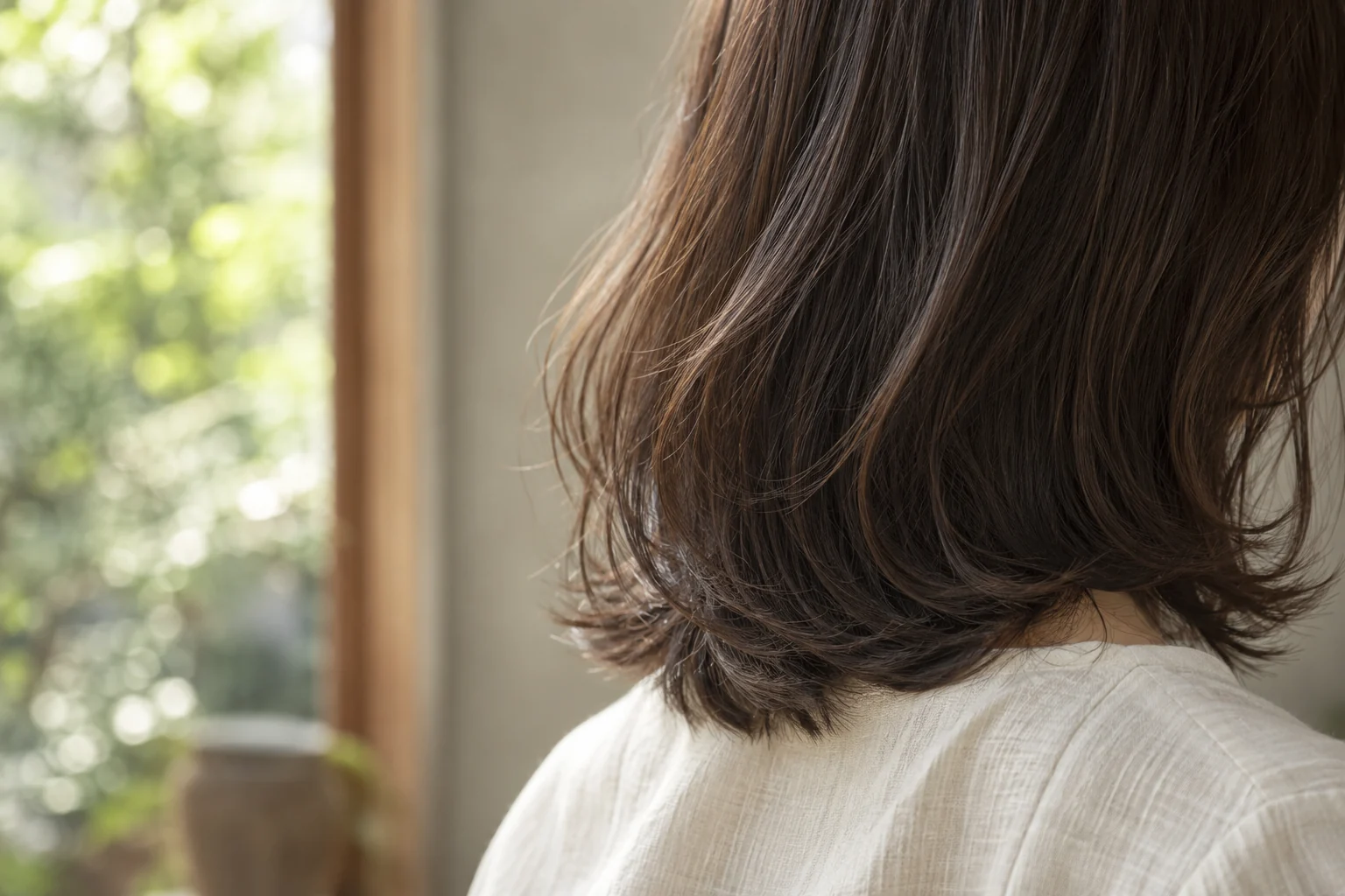 自然光の下で毛先の重なりと毛流れを見せる髪の質感イメージ
