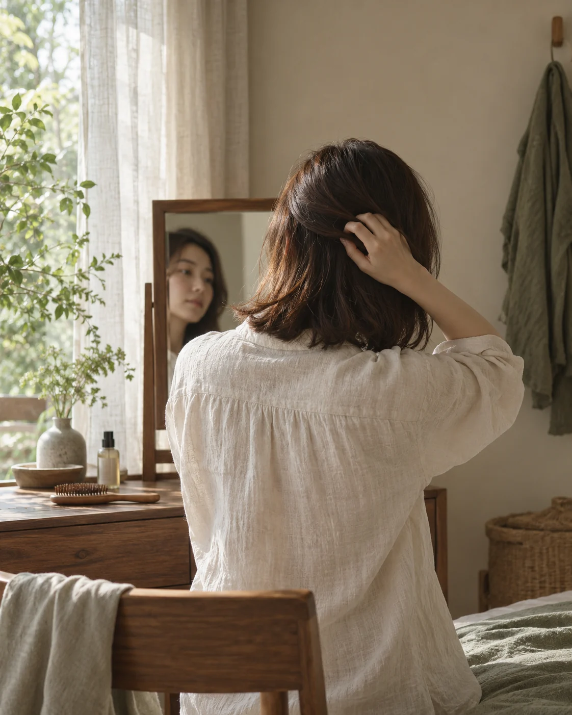 自宅の鏡の前で、朝の髪を整える暮らしのイメージ