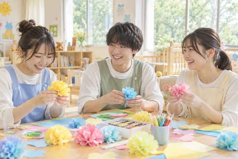 カラフルな紙の花をつくる工作授業のイメージ