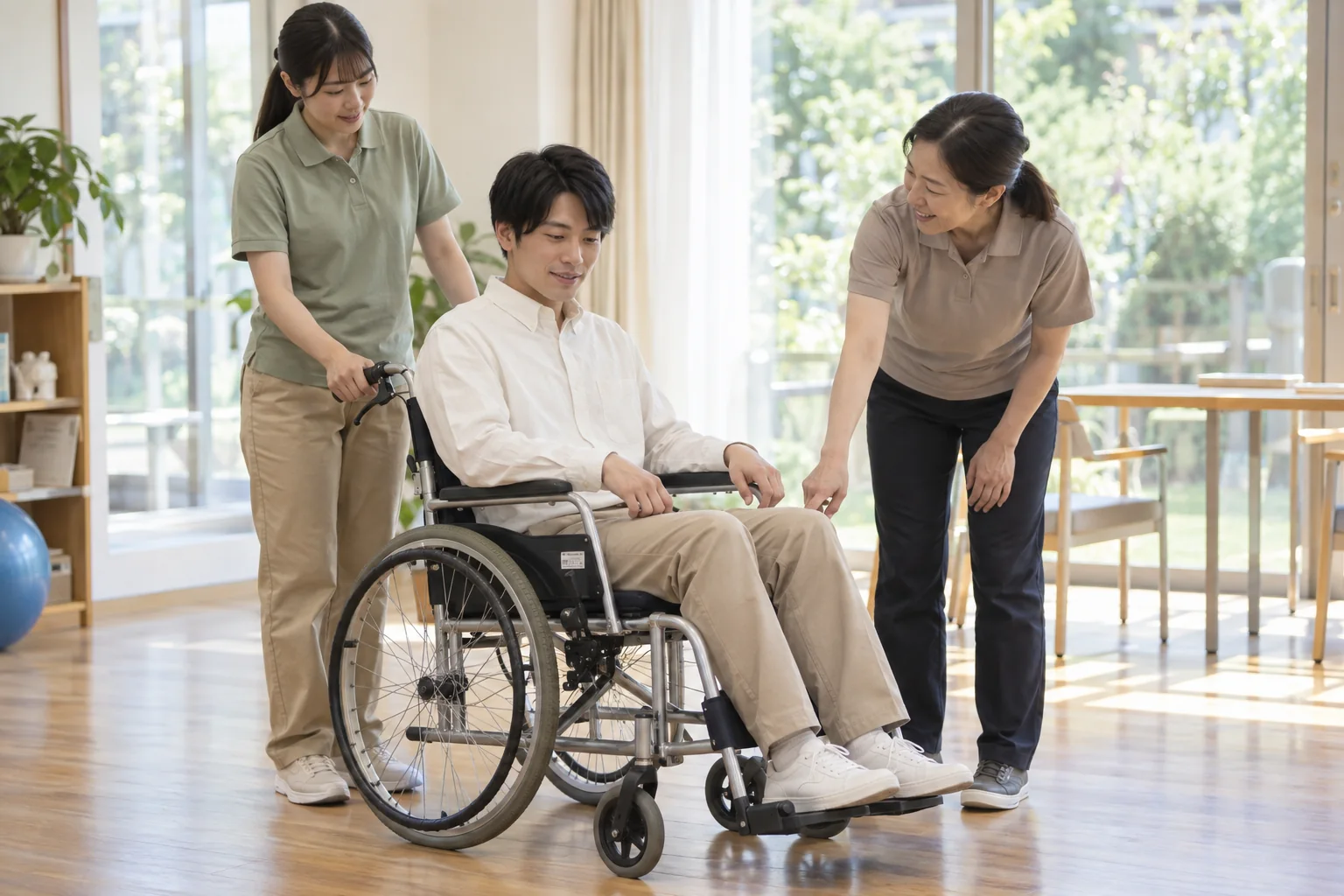 明るい実習室で、教員と学生役が車いすの使い方を体験する様子