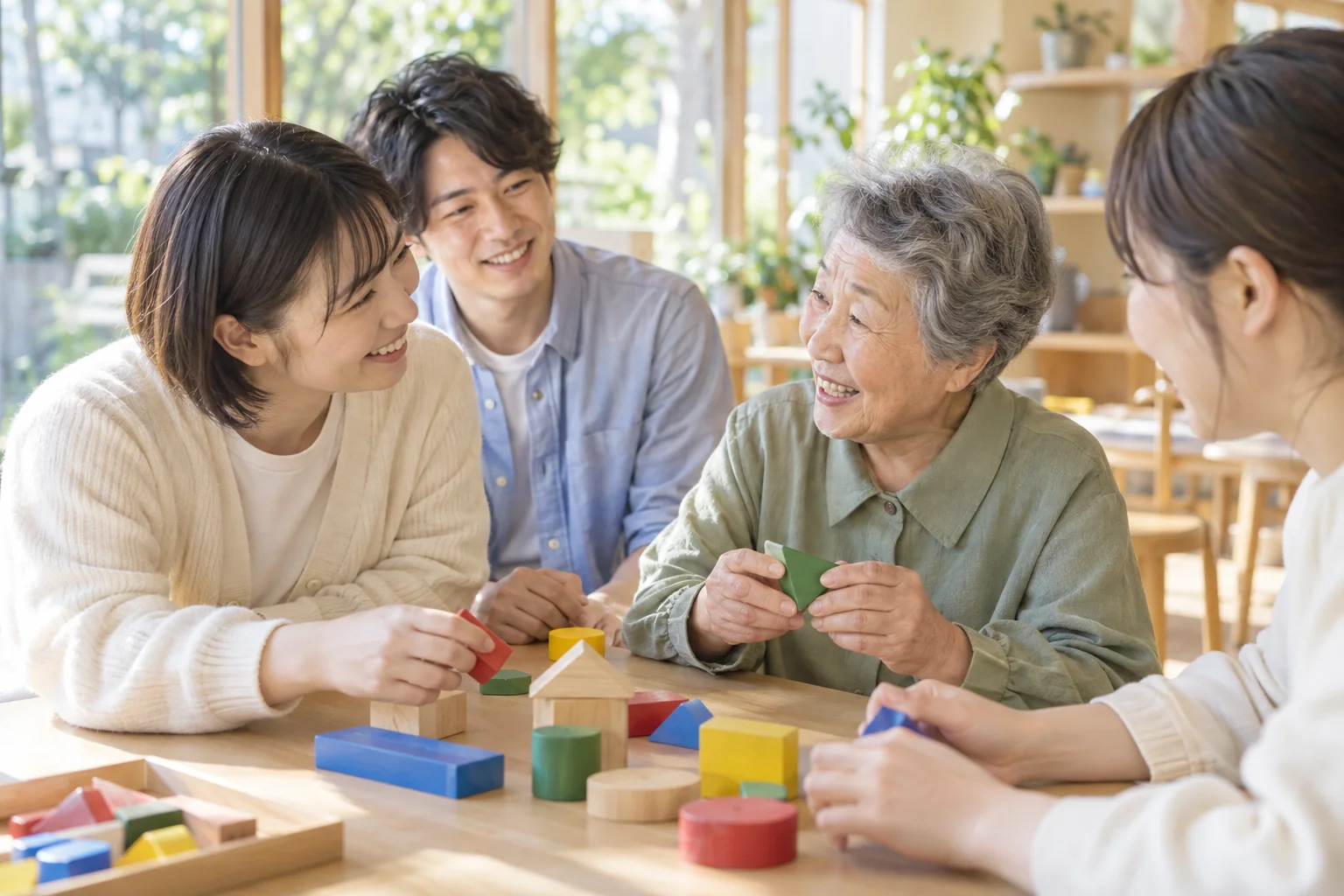 木のパズルを囲み、学生役と地域の高齢者役が交流する様子