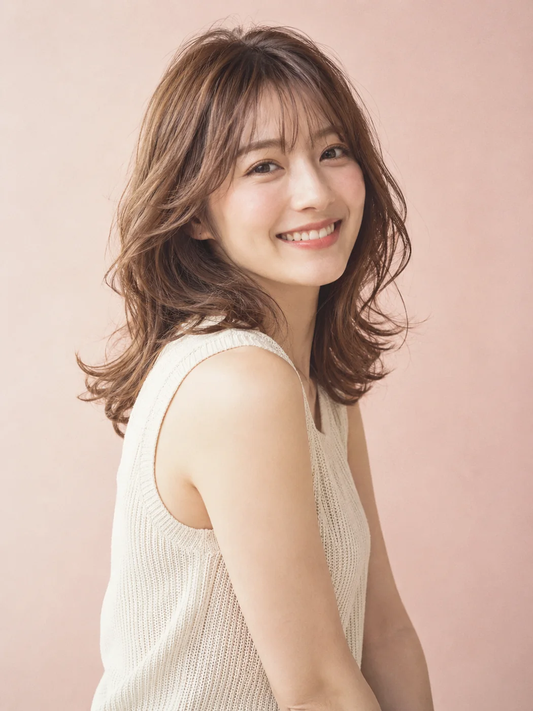 やわらかなウェーブヘアで微笑む女性の生成イメージ