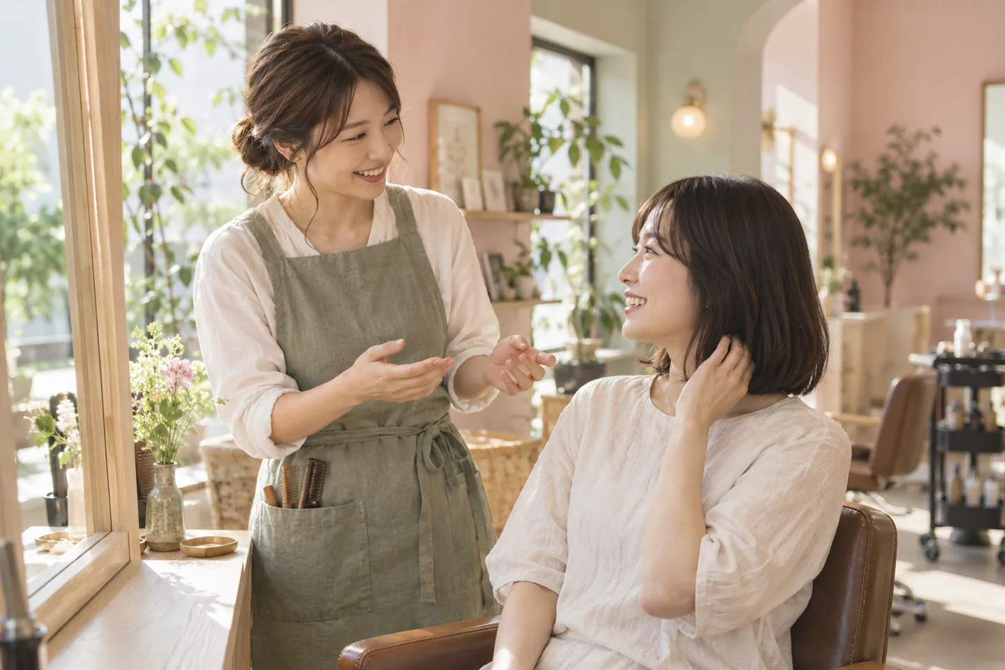 スタイリストとお客様がリラックスして相談する生成イメージ