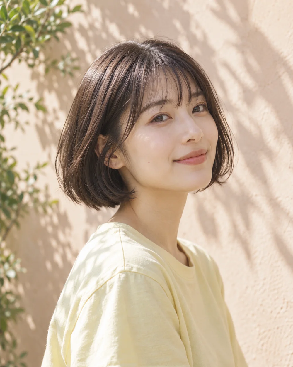 自然なボブヘアで微笑む女性。生成イメージ。