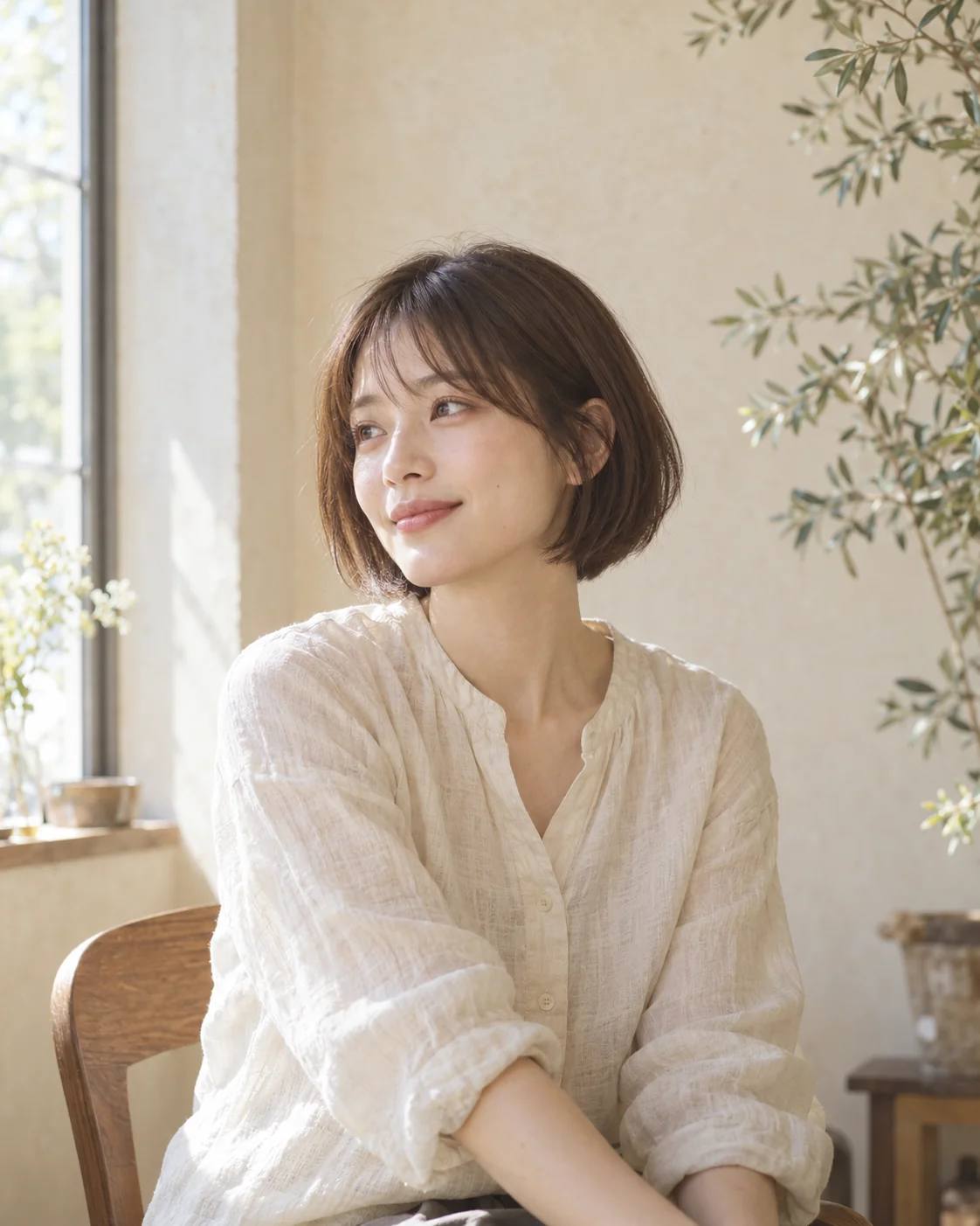 頬に沿うショートボブと、やわらかな表情の女性の生成イメージ