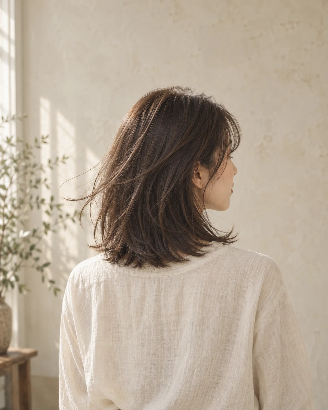 自然光に透けるミディアムヘアの後ろ姿の生成イメージ