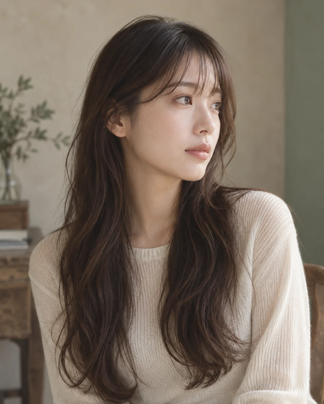 ゆるやかなウェーブをつけたロングヘアの女性の生成イメージ