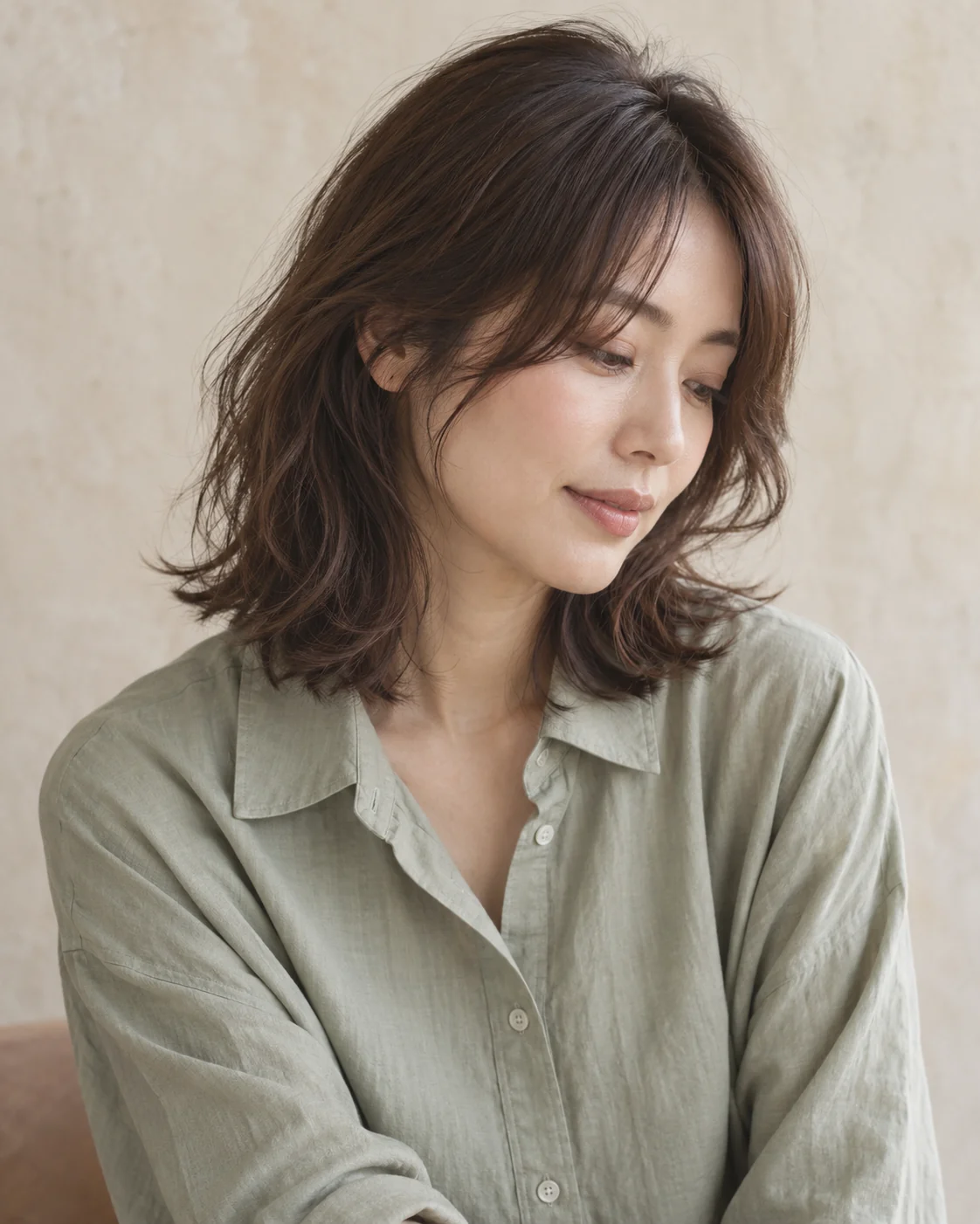 顔まわりに動きをつけたミディアムヘアの女性の生成イメージ