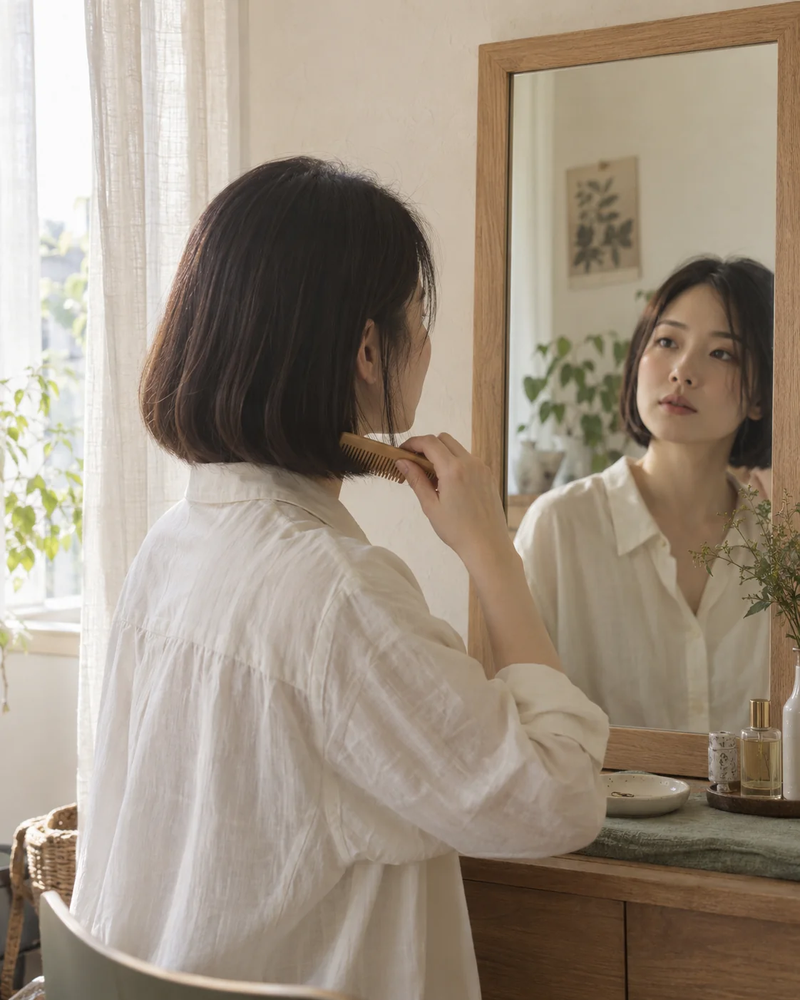 自宅の鏡の前で髪を整える朝の風景の生成イメージ