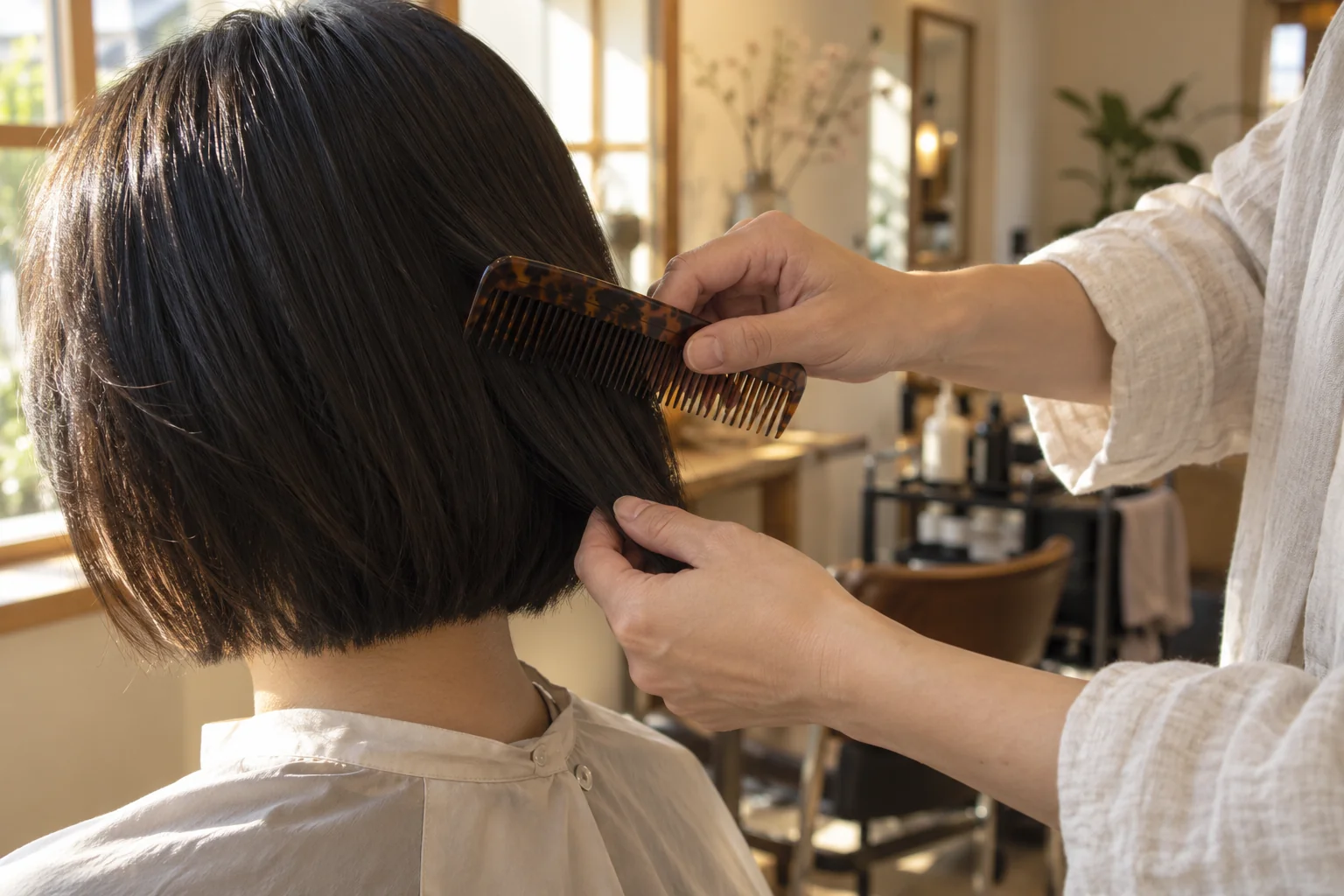 コームでボブヘアを丁寧に整える手元の生成イメージ