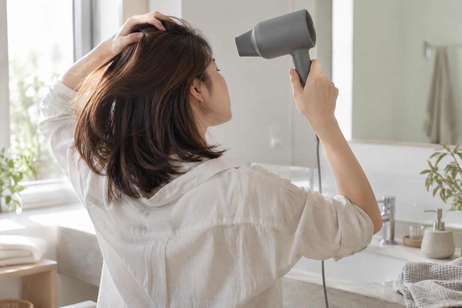 ドライヤーで根元を乾かす女性の生成イメージ