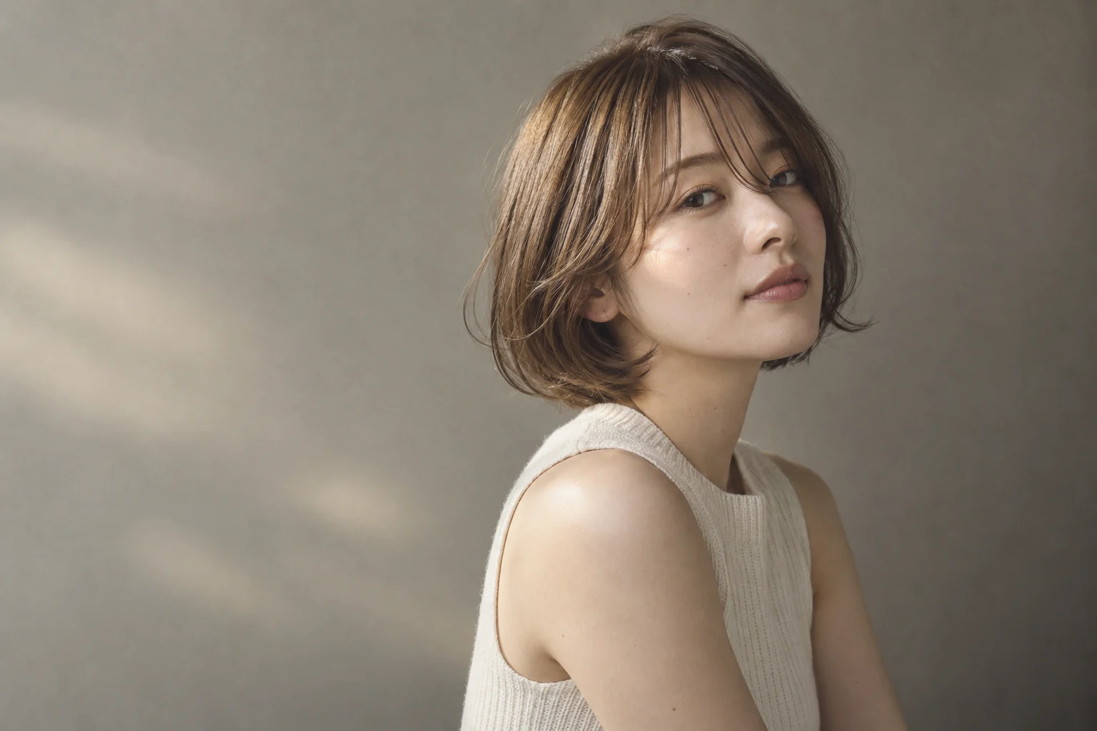 自然な光の中で、軽やかなブラウンのボブヘアを見せる女性の生成イメージ