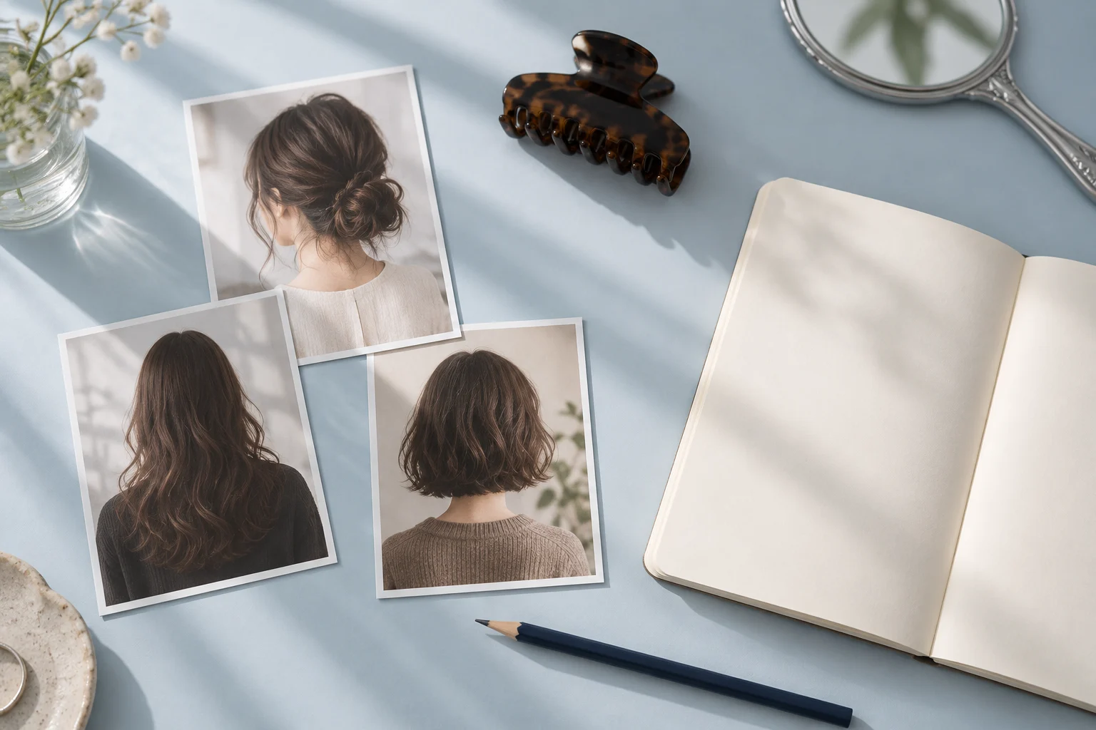 好みの髪型の写真と、希望を書き留めるノートの生成イメージ