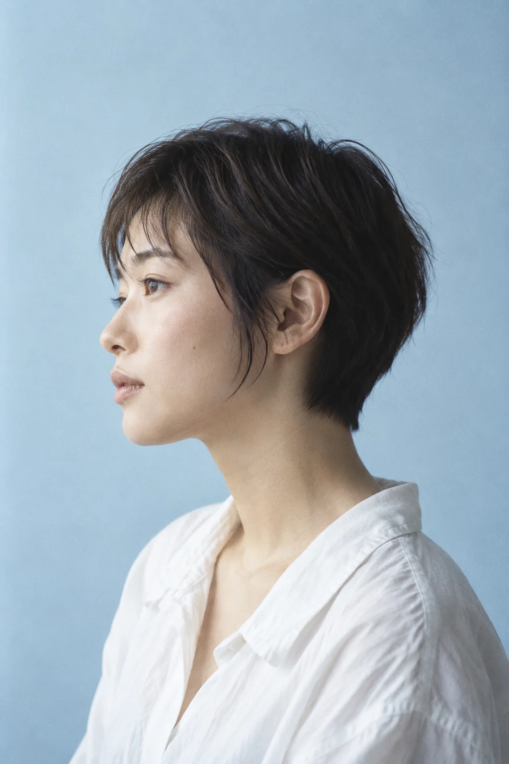 横顔のシルエットがすっきりしたショートヘア