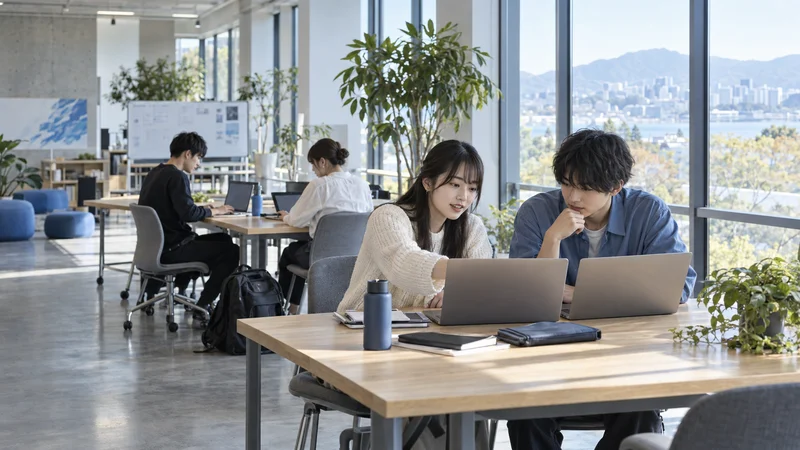 学生同士が画面を見ながら話し合う生成イメージ