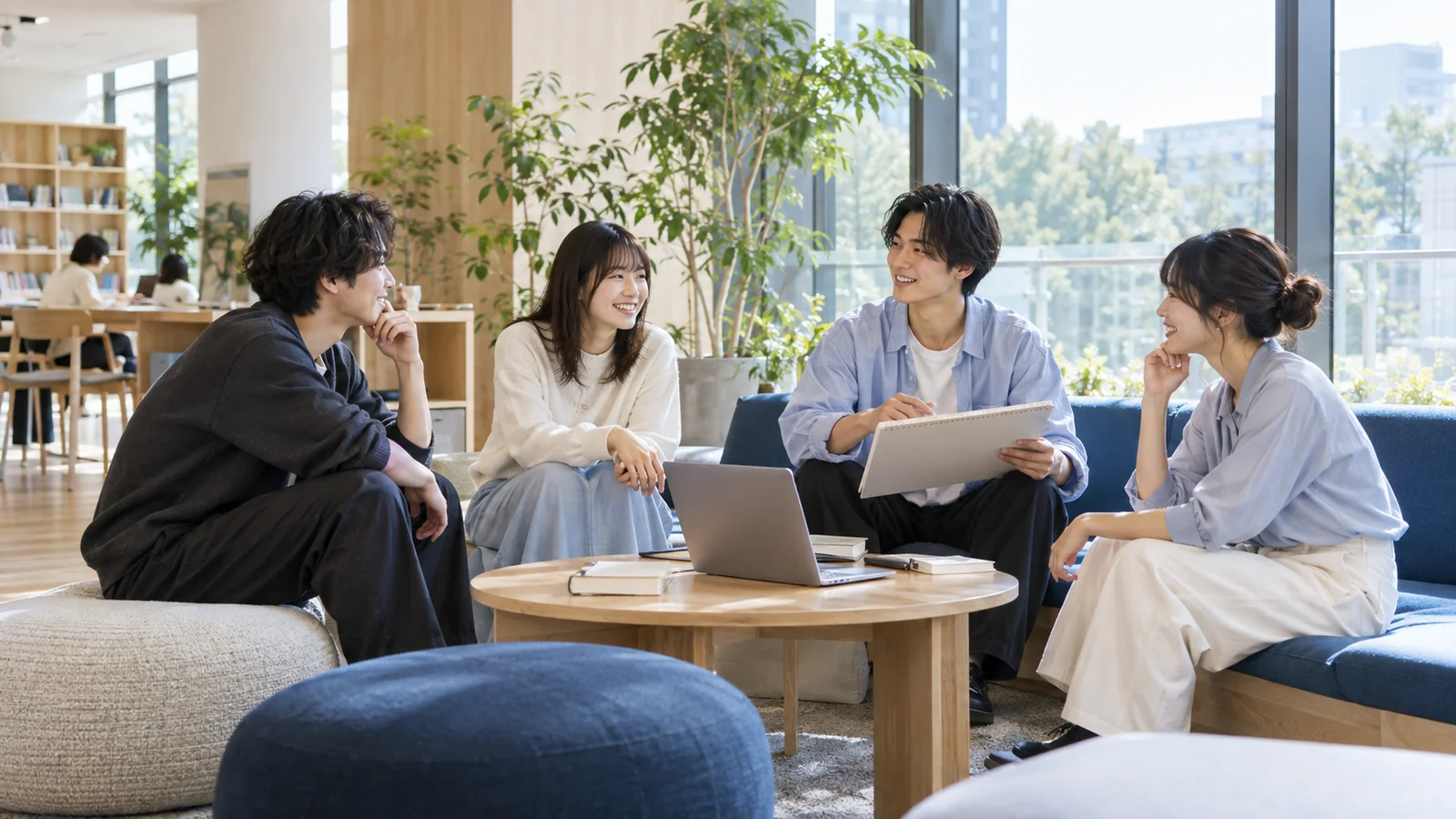 ラウンジで学生たちが交流する生成イメージ