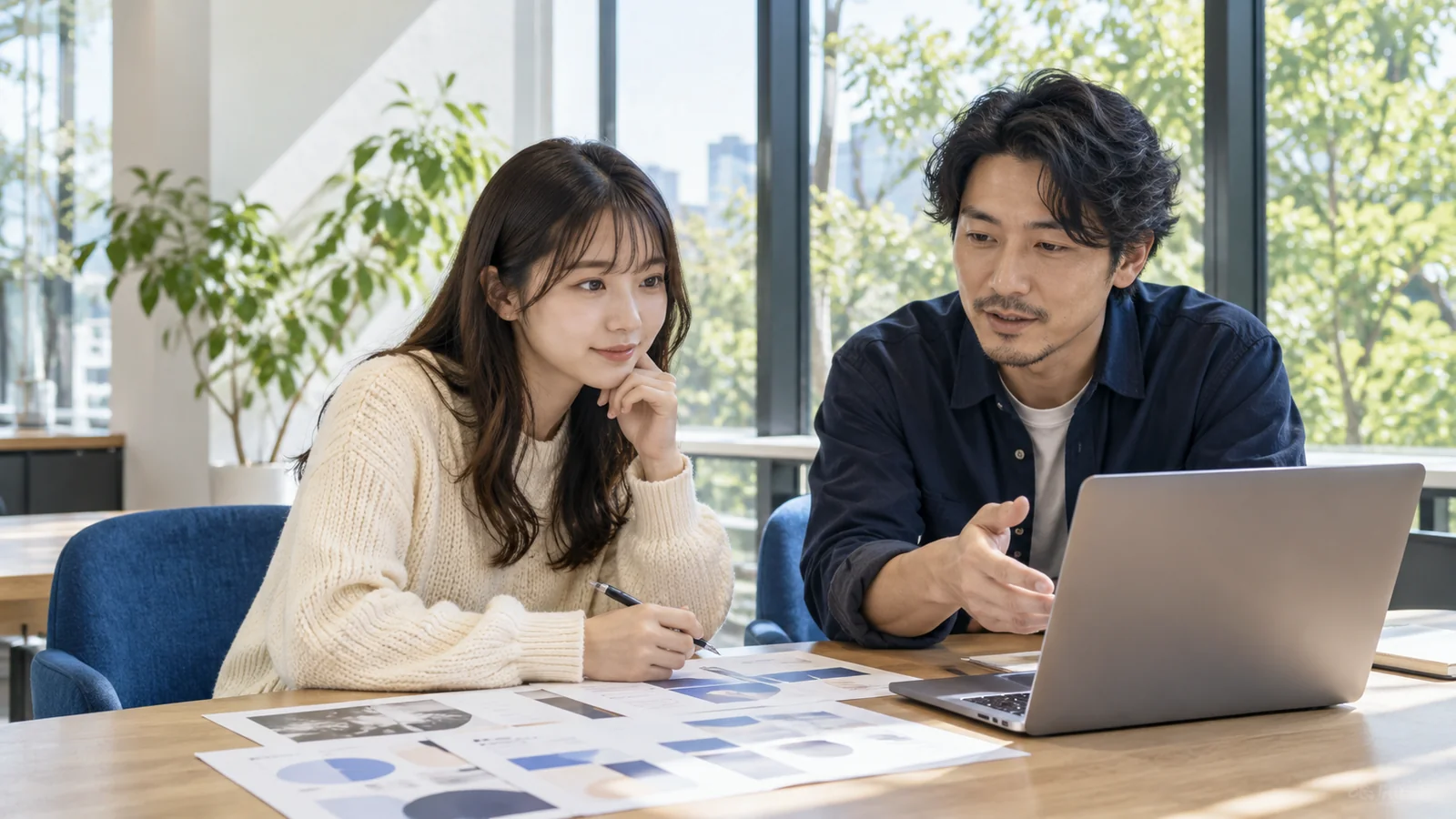 学生とメンターが制作物について話す生成イメージ