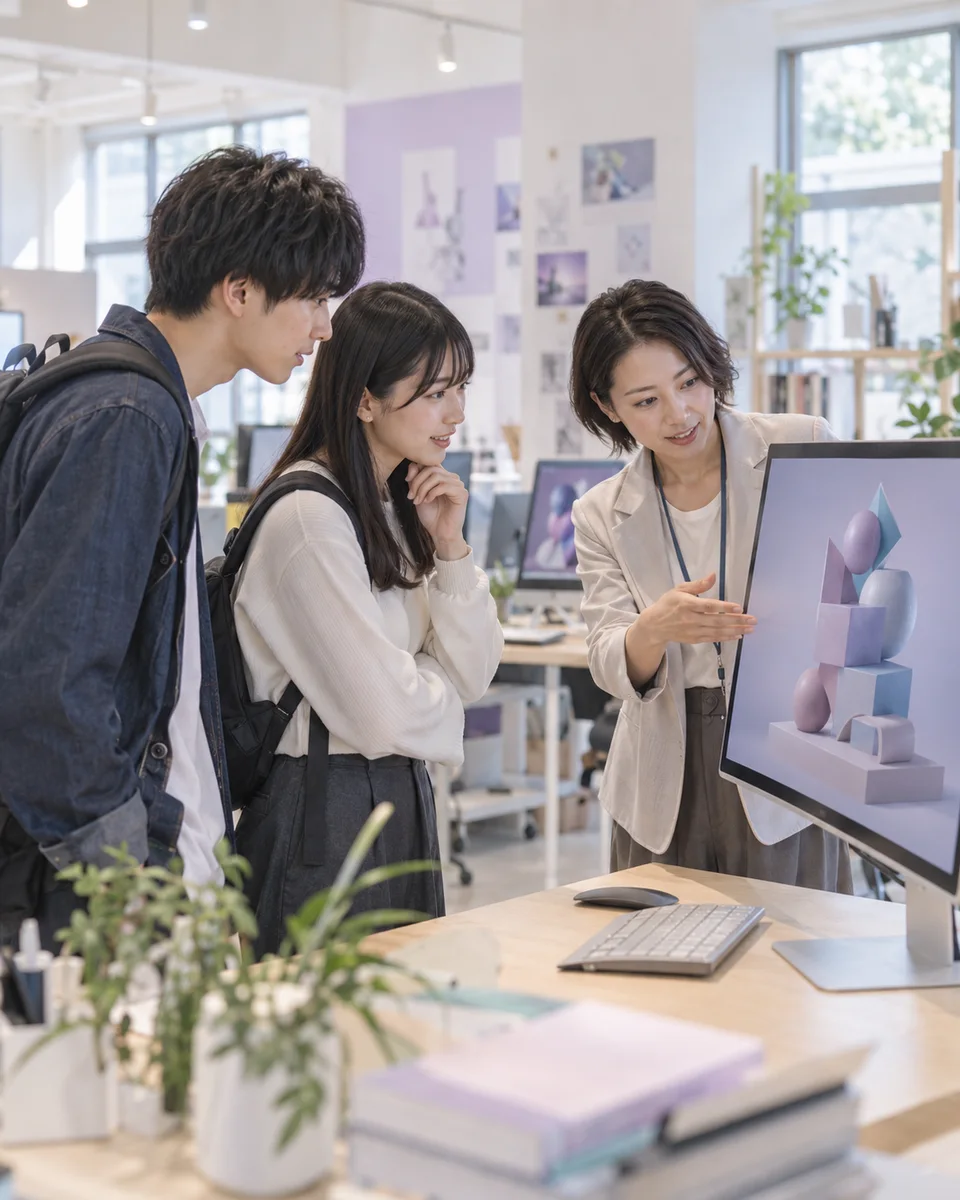 先生の案内でコンピューターラボを見学し、制作中の3D作品を見る2人の参加者の生成イメージ。