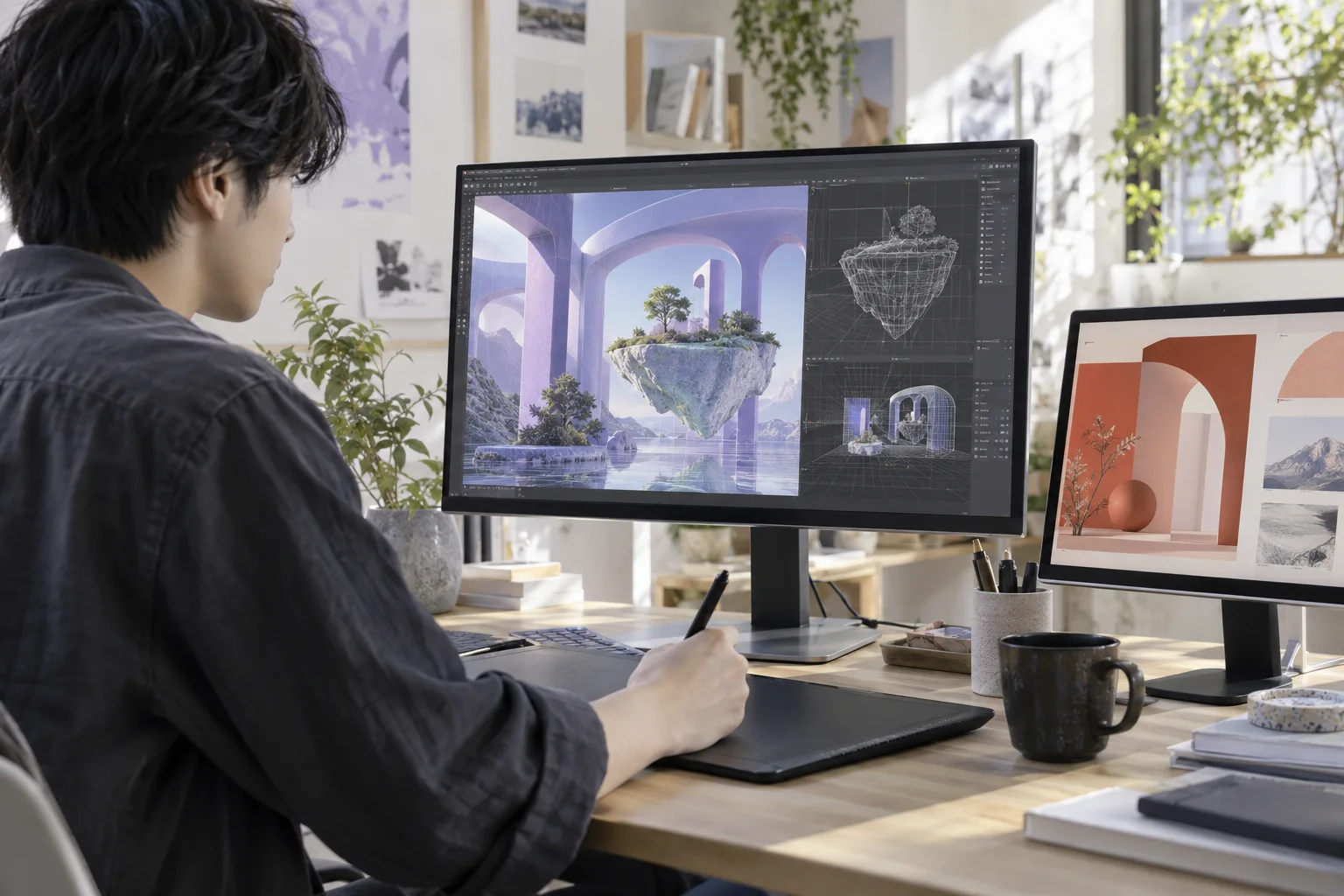 ペンタブレットで3Dの島や建築を制作し、別の画面でWebデザインを確認する、架空のクリエイターの作業風景。