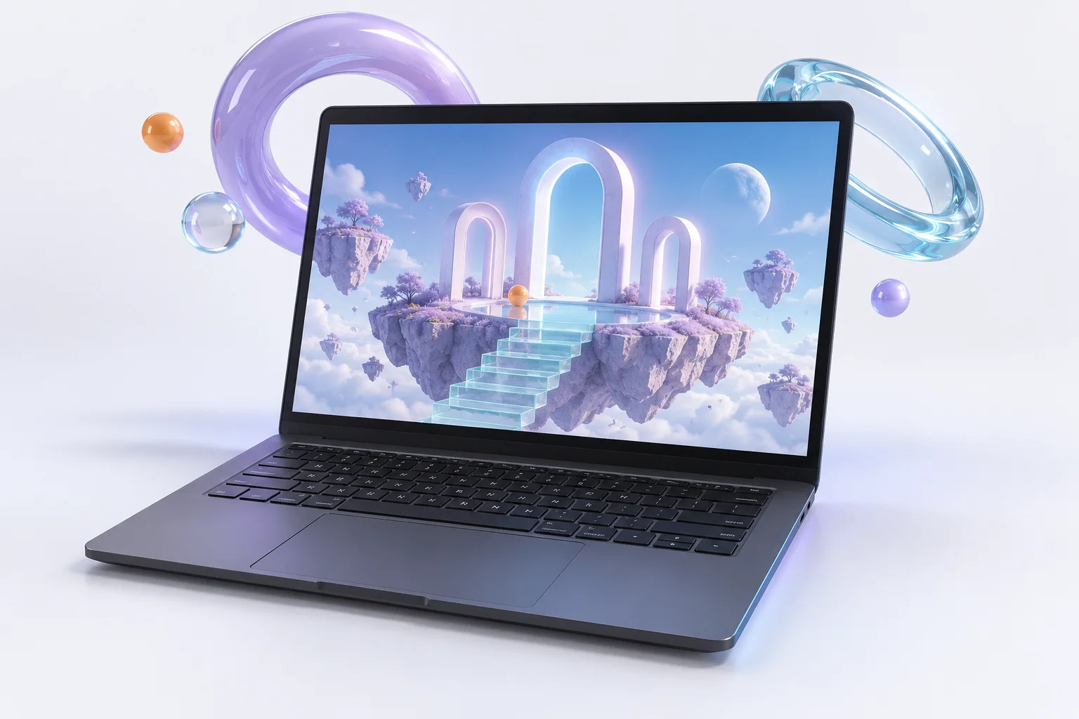 ノートPCの画面から広がる、ラベンダー色の島と光のアーチ。デジタルで世界をつくる学びのイメージ。