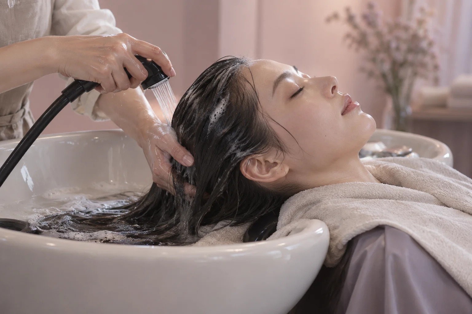 シャンプー台でヘッドスパを受ける生成イメージ