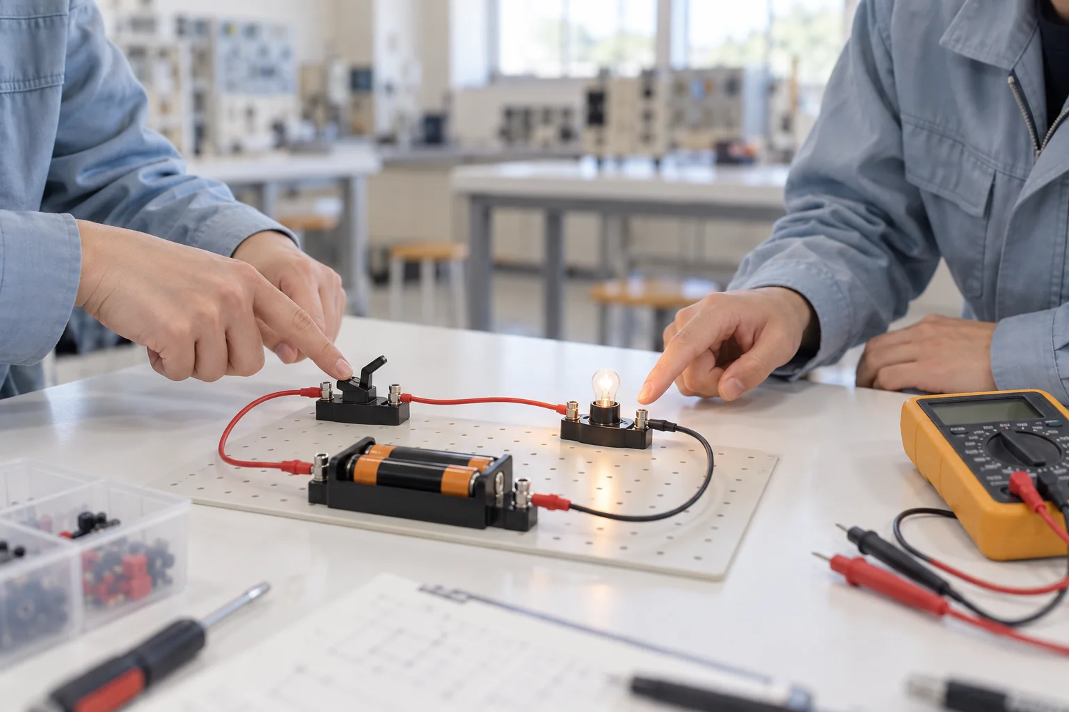 スイッチと電池をつなぎ、電球を点灯させる電気実習のイメージ