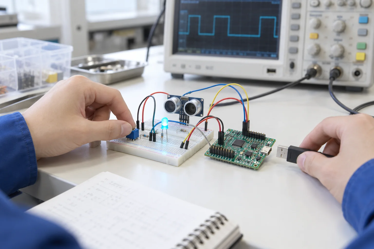 距離センサーとマイコン、LEDをつないだ電子工作のイメージ