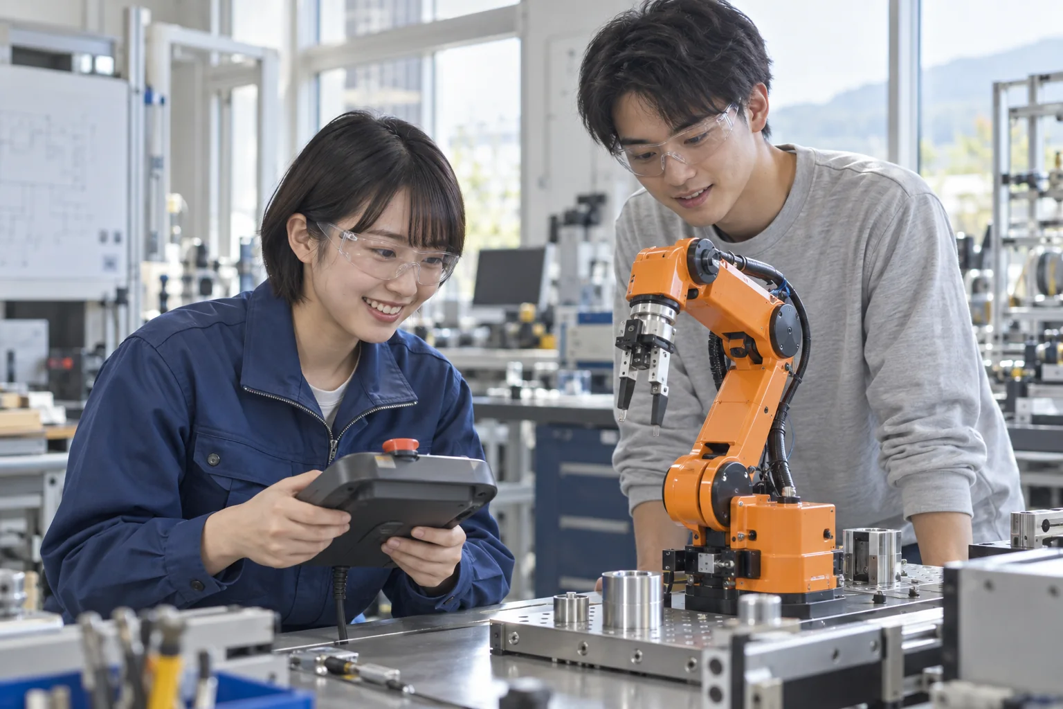 実習室で教育用ロボットアームを観察する学生のイメージ