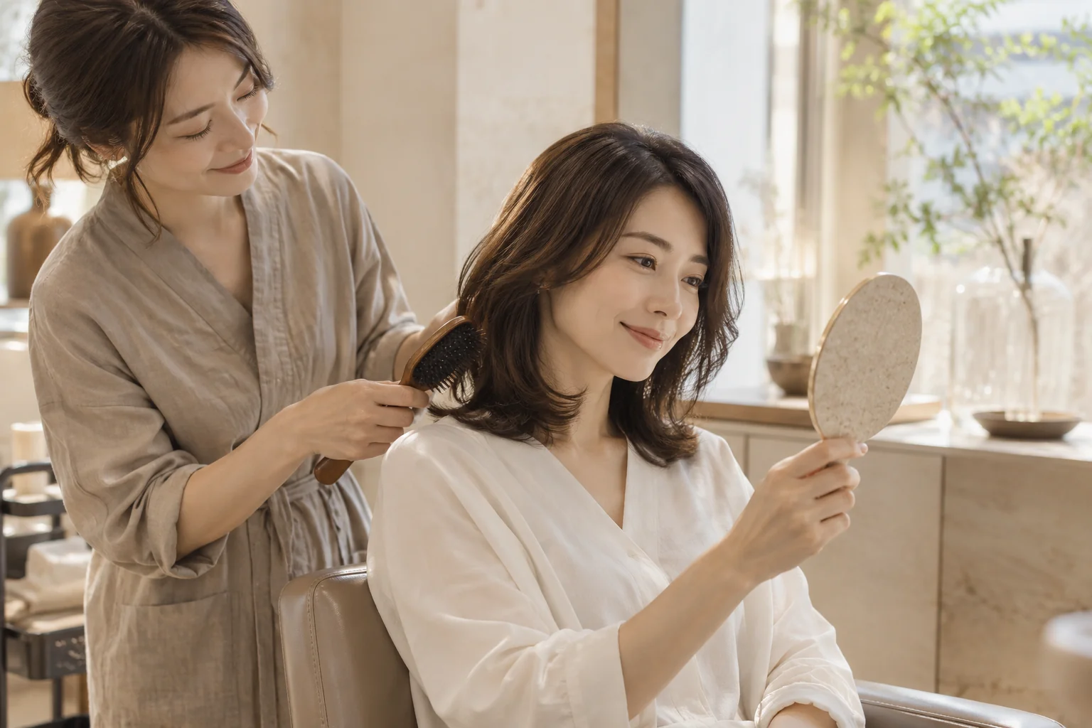 鏡を使って、顔まわりと毛先の仕上がりを一緒に確認するイメージ