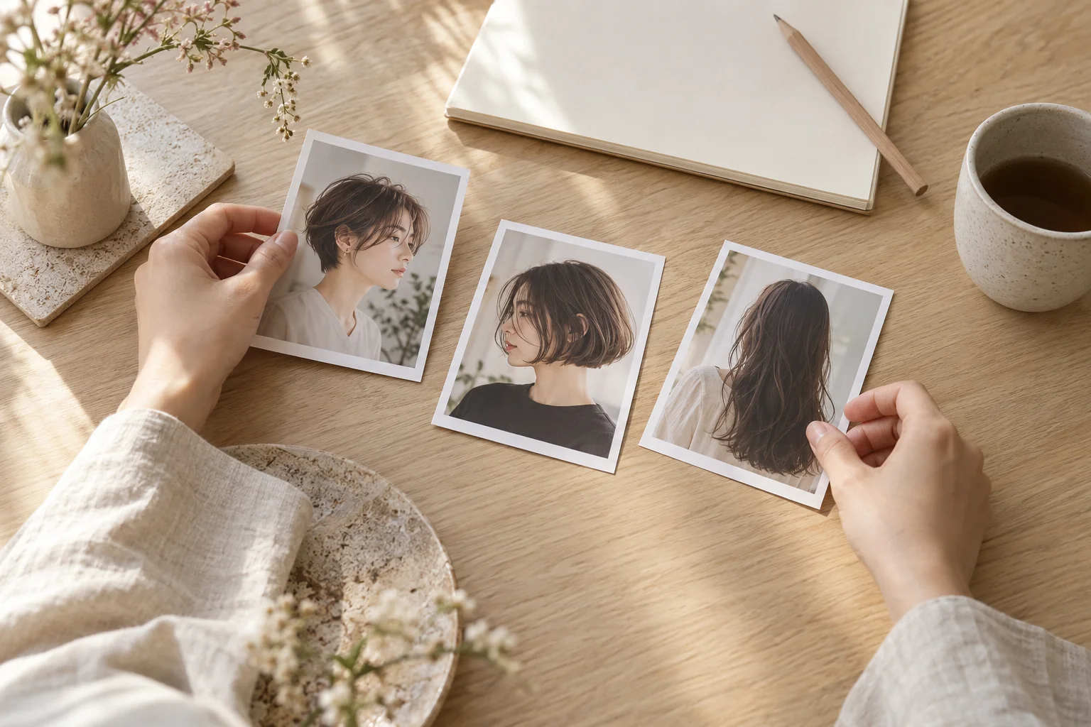ショート、ボブ、ロングの小さな写真を机に並べ、好みのイメージを考える手元