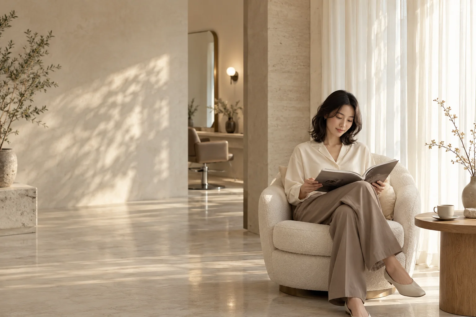 窓辺の椅子で本を読みながら、ゆっくり過ごす女性のイメージ
